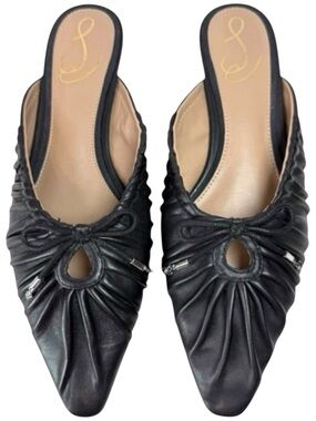 Sam Edelman Julia Black Leather Mules Point Toe Ruched Flats Size 6.5 Office